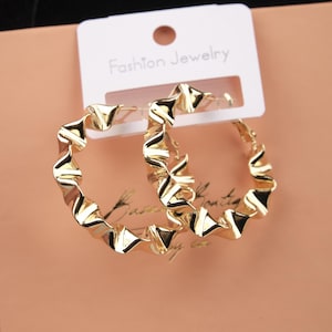 Gold Sculpted Abstract Art Hoop Earrings For Women, Unique Hypoallergenic Jewelry, Bold Fashion Made In Brass
