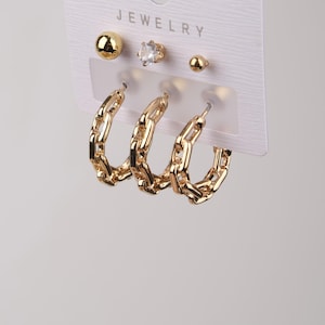 Gold Chain Piercing Hoop Earrings Set Of 6, Edgy Yet Elegant Jewelry For Women, Hypoallergenic Gift Set In Brass