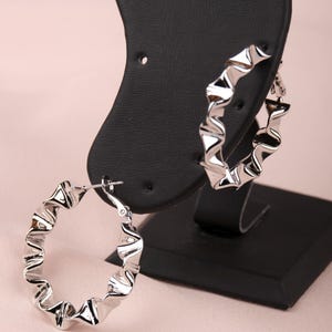 Silver Sculpted Art Hoop Earrings, Bold And Unique Hypoallergenic Jewelry For Women, Inspired By Movement, Made In Brass