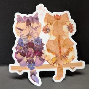 Pegatinas de gatos enamorados: arte con flores prensadas para amantes de la naturaleza
