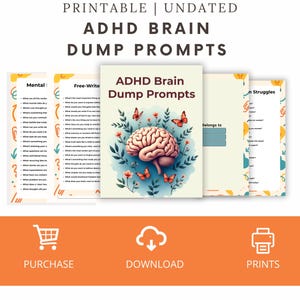 May include: Printable, undated ADHD Brain Dump Prompts. The central image shows a brain illustration with leaves and butterflies. Text includes "ADHD Brain Dump Prompts" and "Belongs to". Additional pages with prompts are visible.