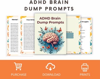 May include: Printable ADHD Brain Dump Prompts. The cover features a stylized brain illustration surrounded by leaves and butterflies. The text includes "ADHD Brain Dump Prompts" and "Belongs to". Additional pages with prompts are visible.