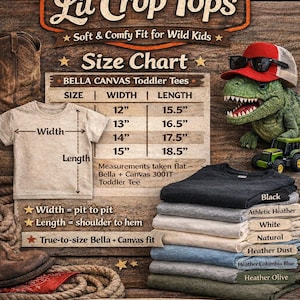 K&ouml;nnte beinhalten: Gr&ouml;&szlig;entabelle f&uuml;r Lil Crop Tops mit Bella Canvas-T-Shirts f&uuml;r Kleinkinder. Die Tabelle zeigt Breiten- und L&auml;ngenma&szlig;e in Zoll, von 12" bis 15" Breite und 15,5" bis 18,5" L&auml;nge. Ein Stapel T-Shirts in verschiedenen Farben ist ebenfalls abgebildet.