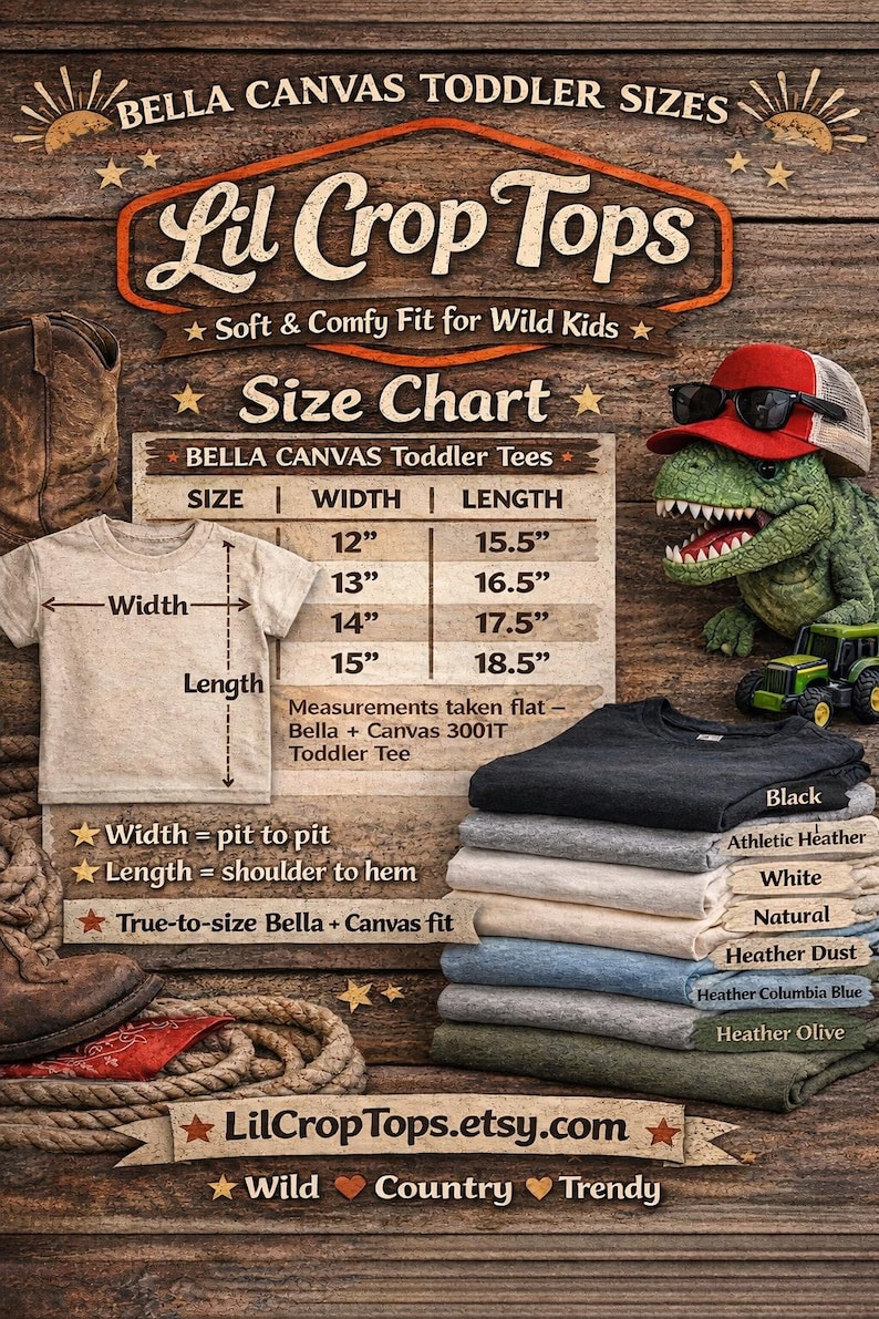 K&ouml;nnte beinhalten: Gr&ouml;&szlig;entabelle f&uuml;r Lil Crop Tops mit Bella Canvas-T-Shirts f&uuml;r Kleinkinder. Die Tabelle zeigt Breiten- und L&auml;ngenma&szlig;e in Zoll, von 12" bis 15" Breite und 15,5" bis 18,5" L&auml;nge. Ein Stapel T-Shirts in verschiedenen Farben ist ebenfalls abgebildet.