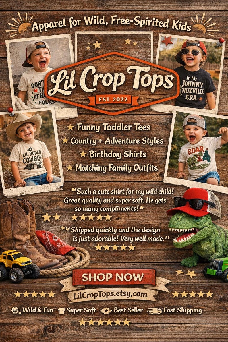 K&ouml;nnte beinhalten: Werbebild f&uuml;r Lil Crop Tops, mit Fotos von Kindern in Grafik-T-Shirts. Das Bild enth&auml;lt Text wie "Funny Toddler Tees" und "Matching Family Outfits", vor einem rustikalen Holz Hintergrund.