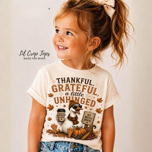 May include: A cream-colored short-sleeve t-shirt featuring a graphic of a goose wearing a beanie and sunglasses, holding a coffee cup and a sign that reads "BUT MOSTLY SNACKS." The text above says "THANKFUL, GRATEFUL, a little UNHINGED."