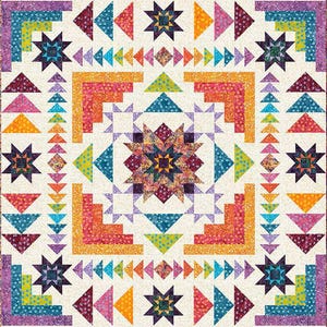 May include: A colorful quilt with a geometric design. The quilt features a cream background with star, triangle, and square patterns in shades of purple, blue, orange, and green. The quilt is a patchwork design.