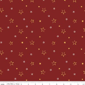 May include: A fabric with a deep red background, patterned with various sizes of gold and white stars. The stars are outlined and scattered across the surface. The fabric is measured in inches.
