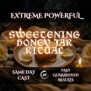 Può includere: Immagine con il testo "EXTREME POWERFUL SWEETENING HONEY JAR RITUAL". Una candela accesa è su un piatto con miele e petali di fiori. È visibile anche il testo "SAME DAY CAST" e "FAST GUARANTEED RESULTS".
