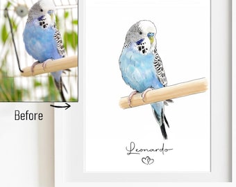Custom Bird Portrait from Photo | Personalized Watercolor Pet Parakeet Illustration | Unique Gift for Bird Lovers