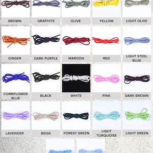 May include: A color chart displaying twenty-two coiled cords in various shades including brown, graphite, olive, yellow, light olive, ginger, dark purple, maroon, red, light steel blue, cornflower blue, black, white, pink, dark brown, lavender, beige, forest green, light turquoise, light green, sky blue, and powder blue.