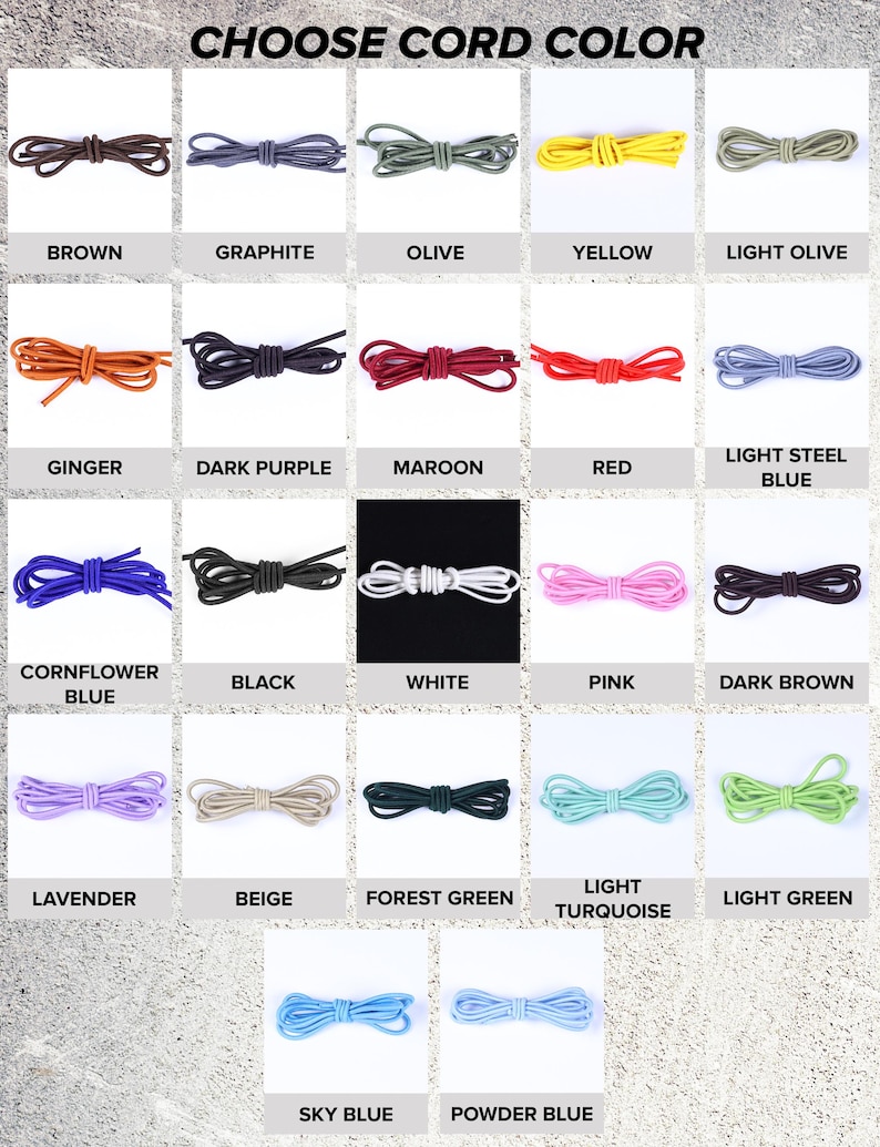 May include: A color chart displaying twenty-two coiled cords in various shades including brown, graphite, olive, yellow, light olive, ginger, dark purple, maroon, red, light steel blue, cornflower blue, black, white, pink, dark brown, lavender, beige, forest green, light turquoise, light green, sky blue, and powder blue.