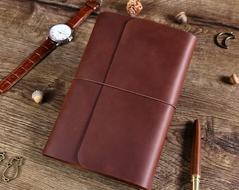 Trifold Leather Journal Cover – Personalized Cover for A6, A5, A4 Notebook