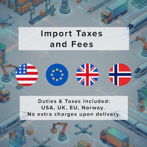 May include: An informational graphic featuring the text Import Taxes and Fees and Duties & Taxes Included: USA, UK, EU, Norway. No extra charges upon delivery. Four circular flags representing the USA, EU, UK, and Norway are displayed over a logistics background.