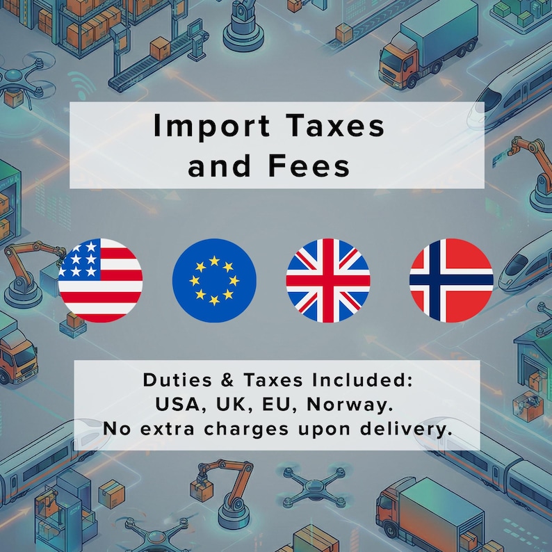 May include: An informational graphic featuring the text Import Taxes and Fees and Duties & Taxes Included: USA, UK, EU, Norway. No extra charges upon delivery. Four circular flags representing the USA, EU, UK, and Norway are displayed over a logistics background.