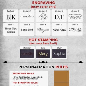 May include: A personalization guide displaying five engraving designs and five font options, followed by hot stamping examples in no color, gold, and silver. It includes engraving and hot stamping rules, and a diagram showing default placement.