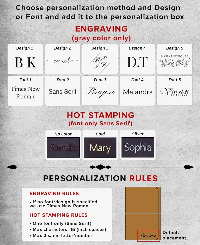 May include: A personalization guide displaying five engraving designs and five font options, followed by hot stamping examples in no color, gold, and silver. It includes engraving and hot stamping rules, and a diagram showing default placement.