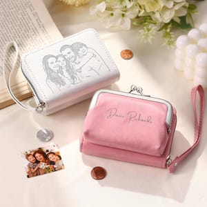 Cartera con foto personalizada, cartera de cuero con cremallera, cartera de cuero para mujer, cartera con foto o nombre grabado, regalo para el Día de la Madre, regalo para ella