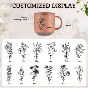 May include: A pink ceramic mug with a black outline of flowers and the name "Sophia" printed on it.  The mug is shown with a selection of black and white flower illustrations representing each month of the year.