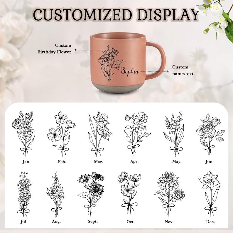 May include: A pink ceramic mug with a black outline of flowers and the name "Sophia" printed on it.  The mug is shown with a selection of black and white flower illustrations representing each month of the year.