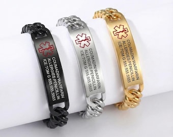Gegraveerde medische armband, gepersonaliseerde medische waarschuwingsarmband, aangepaste medische armband voor dames, medische sieraden van ICE, cadeau voor haar, cadeau voor man