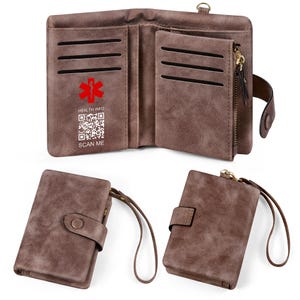 Cartera de cuero personalizada para mujer, cartera con código QR médico, cartera de emergencia sanitaria, cartera de alerta médica, cartera para mujer con cremallera, regalos para mamá