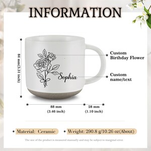 May include: White ceramic mug with a black floral design and the name "Sophia" printed on the side. The mug is 3.46 inches wide and 3.31 inches tall. It weighs 10.26 ounces.