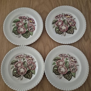 Peut inclure: Quatre assiettes en céramique blanche avec un motif floral de gloires du matin roses et violettes et de feuilles vertes. Les assiettes ont un bord festonné.