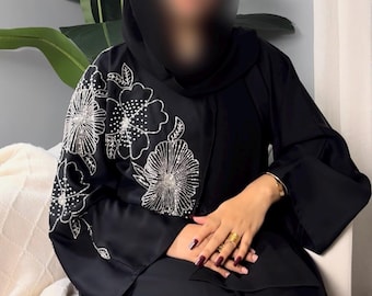 Silver Embellished Black Abaya: Elegant abaya Dress, Dubai Style Occasion Wear