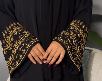 Golden Embellished Black Abaya: Elegant abaya Dress, Dubai Style Occasion Wear