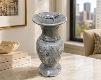 Vintage Gray Marble Vase: Floral Etched Urn (10 inch)