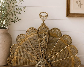 Vintage jaren 1930 messing art nouveau Peacock ventilator open haard scherm.