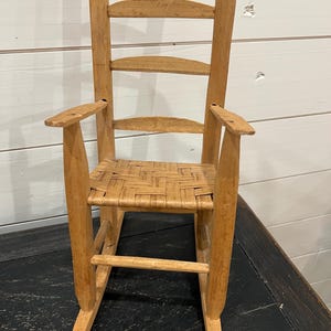 Doll Size Rocking Chair Primitive Vintage Rush Seat Wood Display