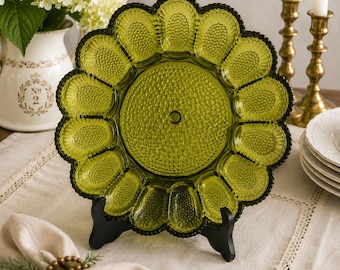 Vintage Indiana Glass Olive/ Avocado Green Deviled Egg Platter | Mid Century Hobnail 15 Egg Serving Tray