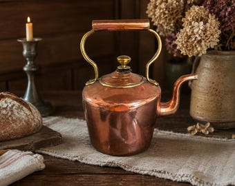Antique Handcrafted Copper Tea Kettle | Victorian Copper Kettle | Hand-Riveted Brass Handle | Heavy Hand-Raised Copper | English Country Far