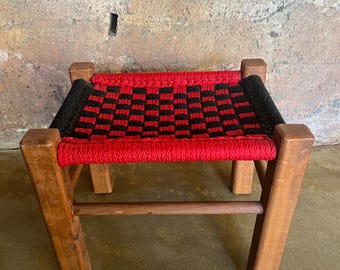 Vintage Wooden Footstool: Red & Black Woven Nylon Seat
