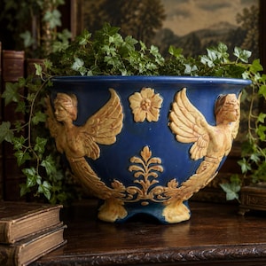 Antique Weller Pottery Jardiniere | Art Nouveau Cobalt Blue Winged Maiden Planter | Large 12” Cachepot | Ohio Pottery | 1905-1925