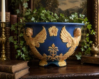Antique Weller Pottery Jardiniere | Art Nouveau Cobalt Blue Winged Maiden Planter | Large 12” Cachepot | Ohio Pottery | 1905-1925