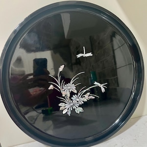 Vintage 15” Japanese Black Laquer Round Tray with Mother of Pearl Flowers and Dragon Flies Inlay