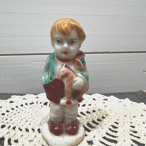Vintage Occupied Japan Little Boy With Toy Horse Ceramic Figurine 3”