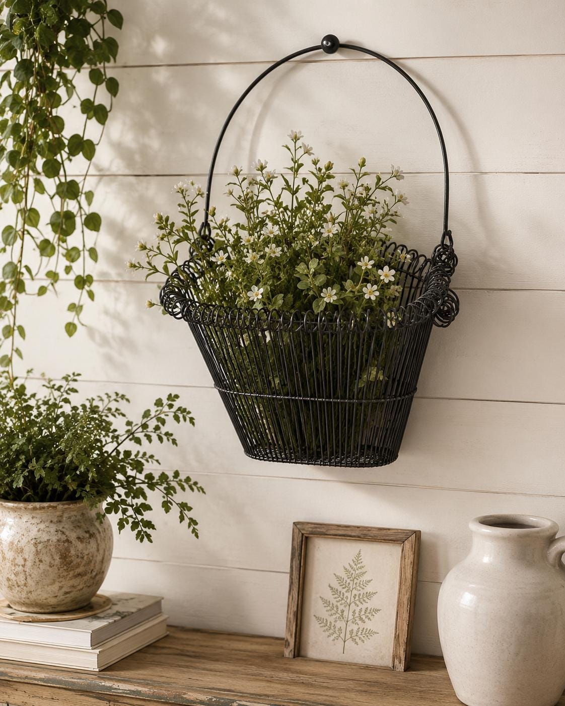 Vintage Metall Blumenampel: Handgemachtes, skurriles Blumen Dekor