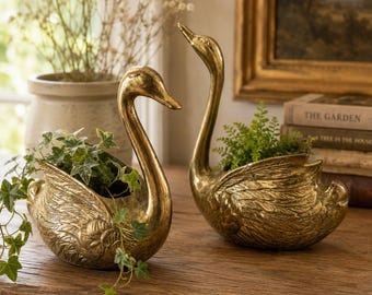 Vintage Solid Brass Swan Planters Pair | Detailed Feathered Cachepots