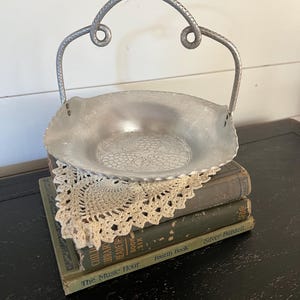 Hand Forged Hammered Aluminum Bowl, Platter with Handle, Pressed Fruits, Vintage Metal Plate Dish Tray or Bowl
