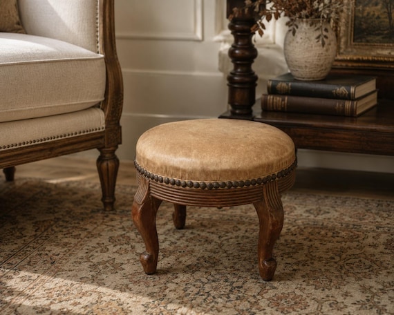 Antique Wood and Ivory Leather Footstool with Brass Nailheads