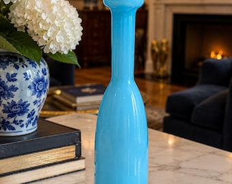 Vintage Attributed Holmegaard Carnaby Blue Cased Glass Decanter with Original Ball Stopper | Danish Mid Century Modern Opaline Art Glass