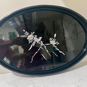 Vintage 17.5” Japanese Black Laquer Oval Tray with Mother of Pearl Flowers and Birds Inlay