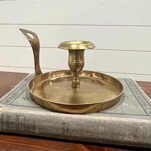 Vintage Colonial Style Solid Brass Candleholder or Chamberstick. Williamsburg Pottery Handmade Korea