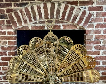 Vintage 1930s Brass Art Nouveau Peacock Fan Fireplace Screen.