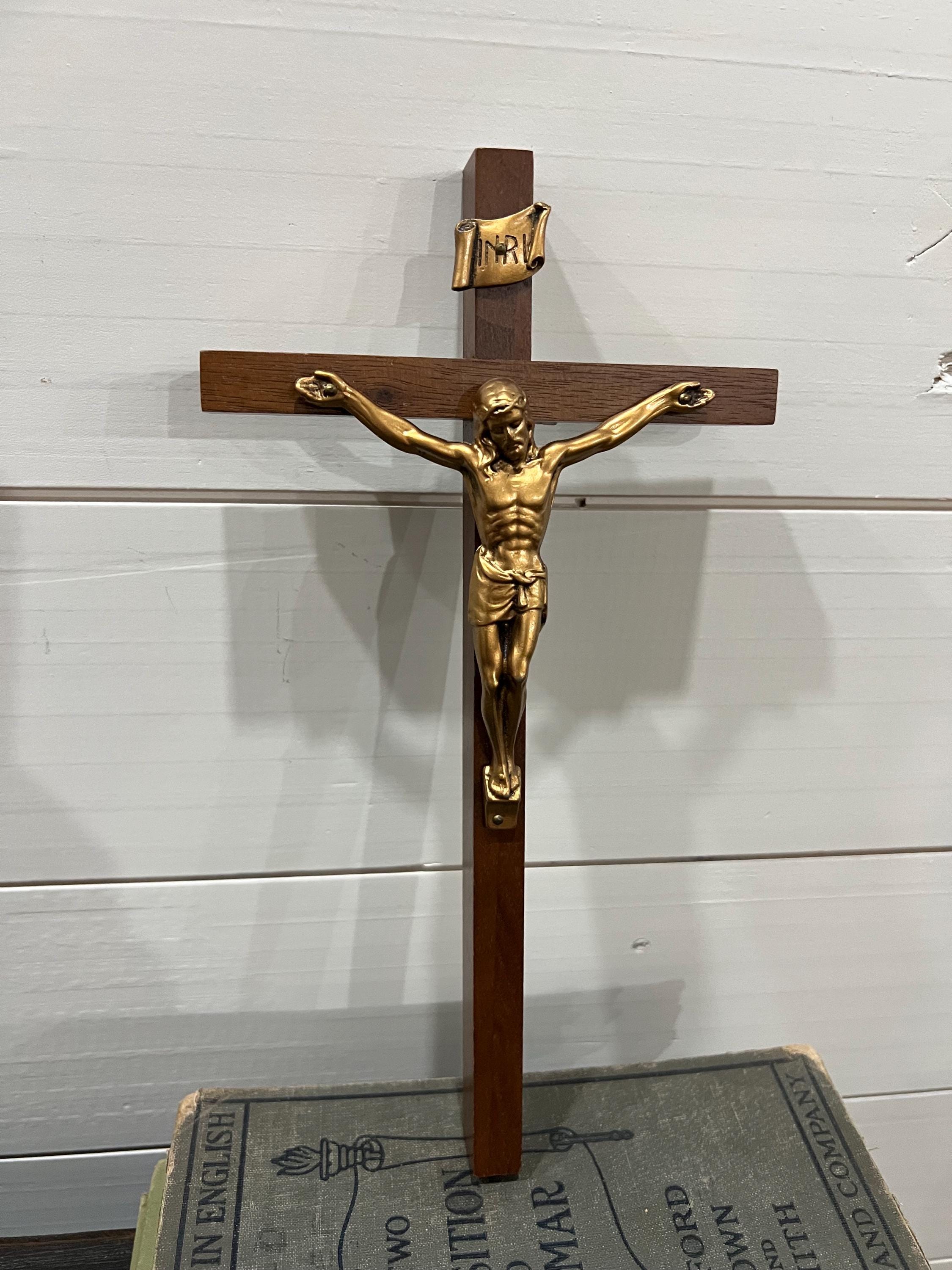 Vintage Cherry Wood Crucifix: Bronze Pewter Jesus, INRI Sign