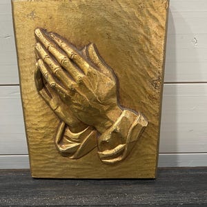 MCM Vtg 60s Burwood Products USA 3D Gold Praying Hands Religious Wall Plaque 8&quot;X6&quot;
